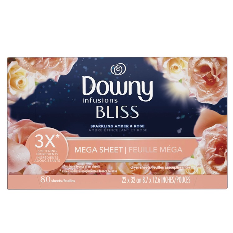 柔軟シート DOWNY ダウニー メガ柔軟シート インフュージョン BLISS スパークリングアンバー＆ローズ 80枚 大判サイズ 22×32cm 乾燥機用 P&G Downy アメリカ製衣装ケースやくつ箱の中の芳香剤としても使える