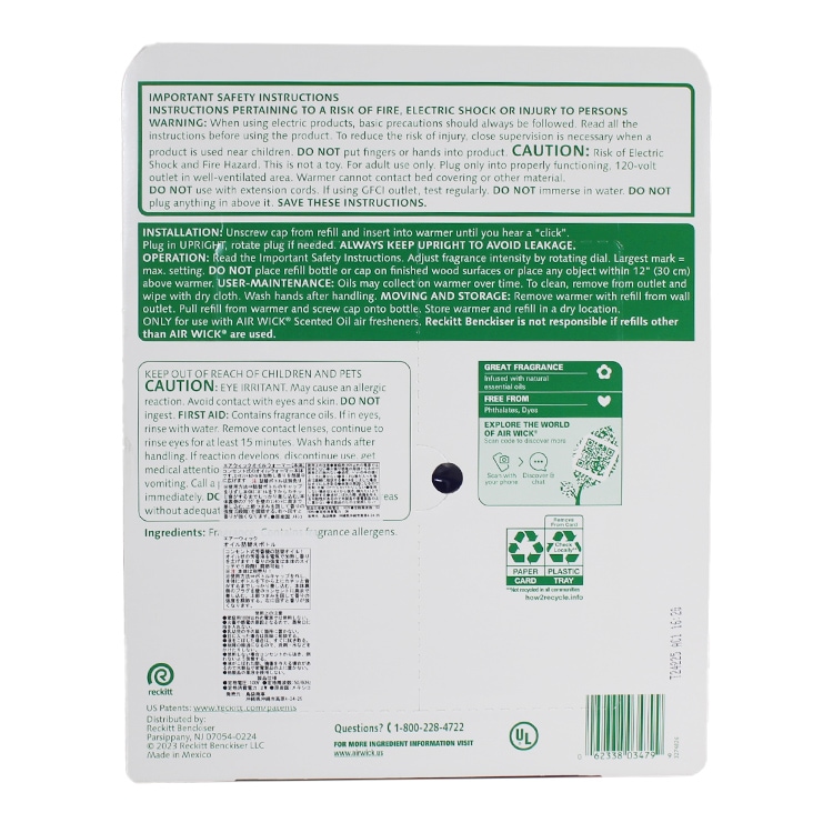 芳香剤 コンセント式 エアウィック オイル芳香剤 ラベンダー＆カモミール / フレッシュリネン 9P ＋ オイルウォーマー 本体 セット 詰め替え9個 本体 AIR WICK 日用品 アメリカ雑貨ウォーマー本体と詰め替え9個のセット コンセント式芳香剤
