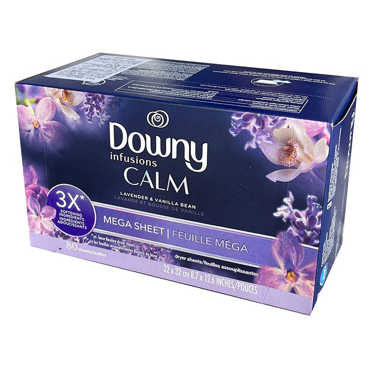柔軟シート DOWNY ダウニー メガインフュージョン ラベンダー＆バニラビーン 80枚 大判サイズ 22×32cm 乾燥機用 柔軟シート P&G Downy アメリカ製衣装ケースやくつ箱の中の芳香剤としても使える