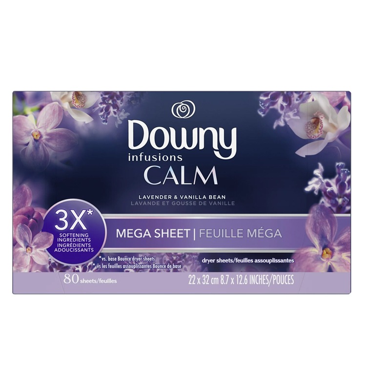 柔軟シート DOWNY ダウニー メガインフュージョン ラベンダー＆バニラビーン 80枚 大判サイズ 22×32cm 乾燥機用 柔軟シート P&G Downy アメリカ製衣装ケースやくつ箱の中の芳香剤としても使える