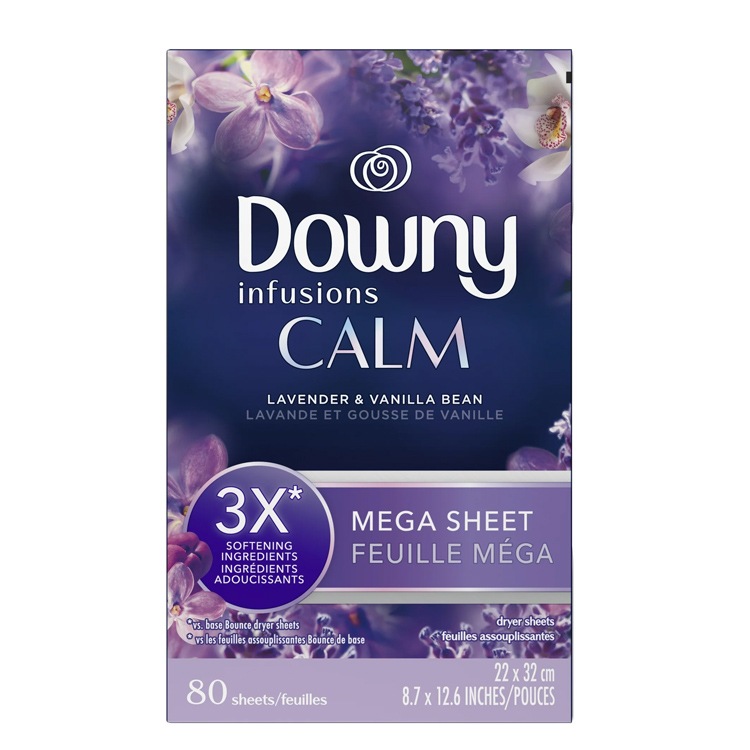 柔軟シート DOWNY ダウニー メガインフュージョン ラベンダー＆バニラビーン 80枚 大判サイズ 22×32cm 乾燥機用 柔軟シート P&G Downy アメリカ製衣装ケースやくつ箱の中の芳香剤としても使える