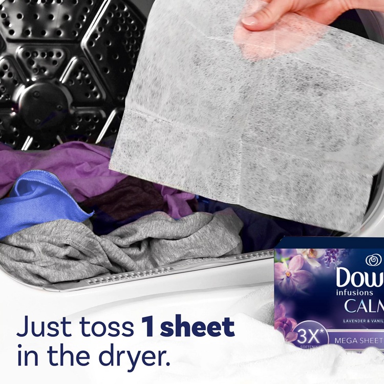 柔軟シート DOWNY ダウニー メガインフュージョン ラベンダー＆バニラビーン 80枚 大判サイズ 22×32cm 乾燥機用 柔軟シート P&G Downy アメリカ製衣装ケースやくつ箱の中の芳香剤としても使える