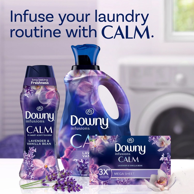 柔軟シート DOWNY ダウニー メガインフュージョン ラベンダー＆バニラビーン 80枚 大判サイズ 22×32cm 乾燥機用 柔軟シート P&G Downy アメリカ製衣装ケースやくつ箱の中の芳香剤としても使える