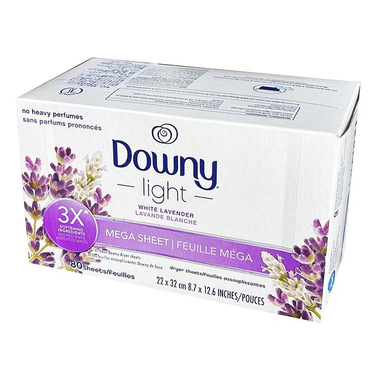柔軟シート DOWNY Light ダウニー メガ ホワイトラベンダー 80枚 大判サイズ 22×32cm 乾燥機用 柔軟シート P&G Downy アメリカ製衣装ケースやくつ箱の中の芳香剤としても使える