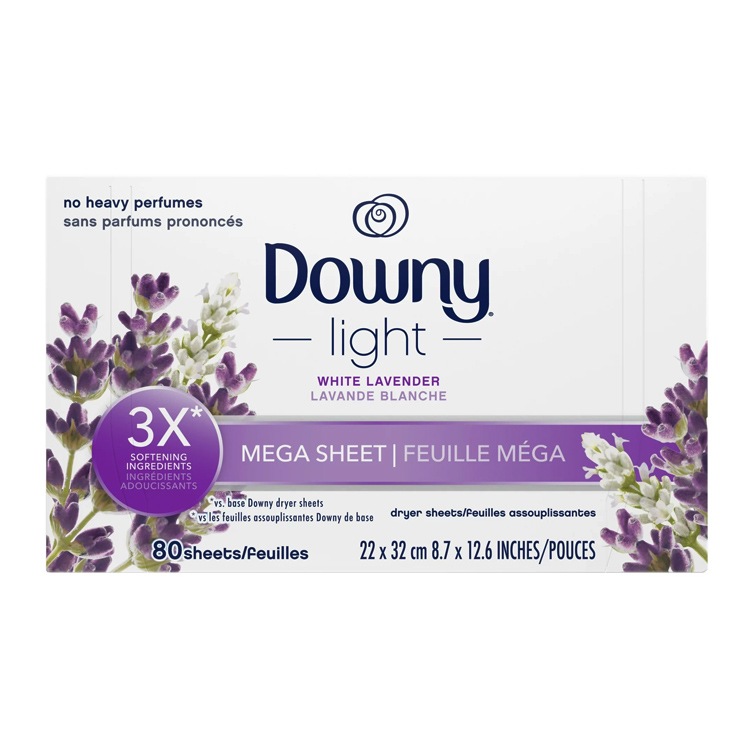 柔軟シート DOWNY Light ダウニー メガ ホワイトラベンダー 80枚 大判サイズ 22×32cm 乾燥機用 柔軟シート P&G Downy アメリカ製衣装ケースやくつ箱の中の芳香剤としても使える