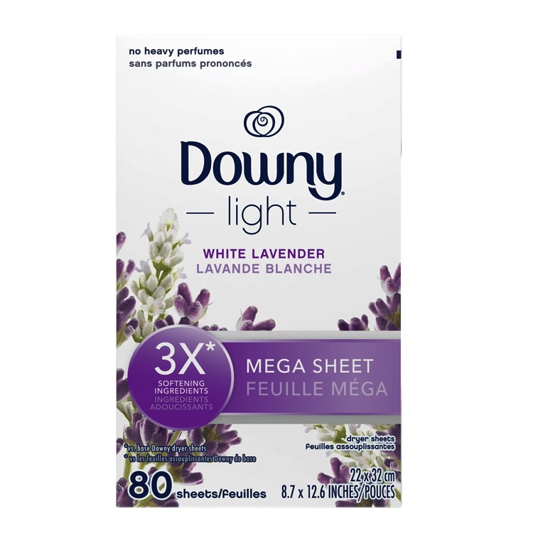柔軟シート DOWNY Light ダウニー メガ ホワイトラベンダー 80枚 大判サイズ 22×32cm 乾燥機用 柔軟シート P&G Downy アメリカ製衣装ケースやくつ箱の中の芳香剤としても使える