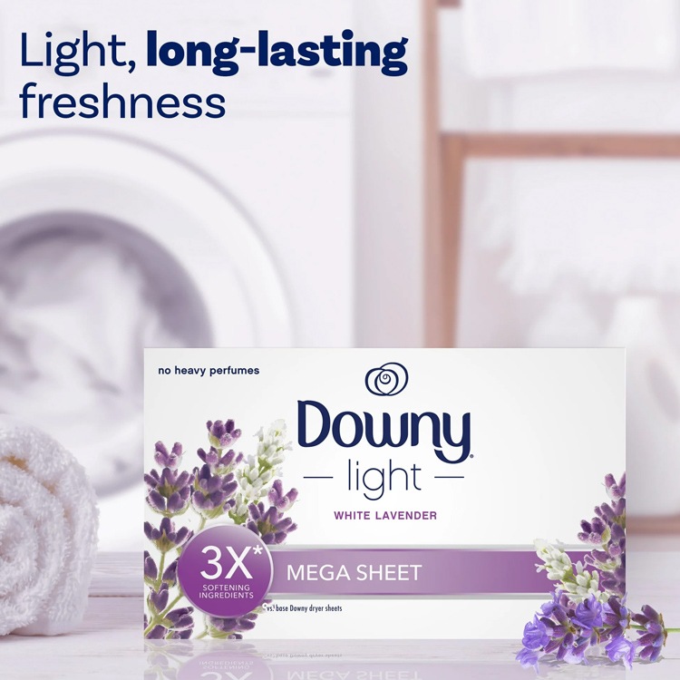 柔軟シート DOWNY Light ダウニー メガ ホワイトラベンダー 80枚 大判サイズ 22×32cm 乾燥機用 柔軟シート P&G Downy アメリカ製衣装ケースやくつ箱の中の芳香剤としても使える