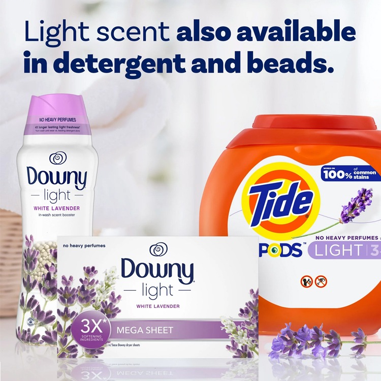 柔軟シート DOWNY Light ダウニー メガ ホワイトラベンダー 80枚 大判サイズ 22×32cm 乾燥機用 柔軟シート P&G Downy アメリカ製衣装ケースやくつ箱の中の芳香剤としても使える