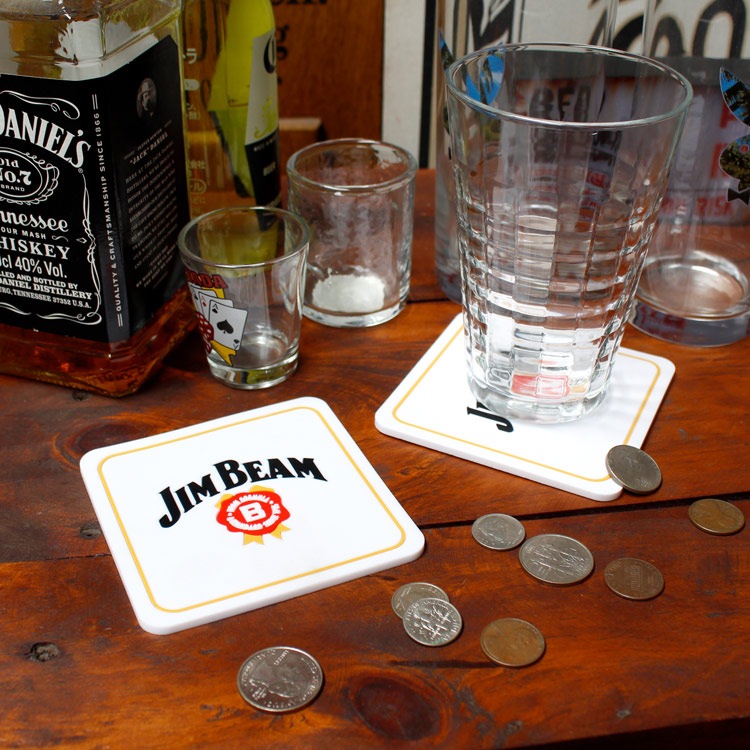 【メール便発送】ラバー製 コースター 2枚セット 「JIM BEAM ジンビーム」ホワイト 縦9.4×横9.4×厚み0.3cm バーグッズ アメリカ雑貨 アメリカン雑貨