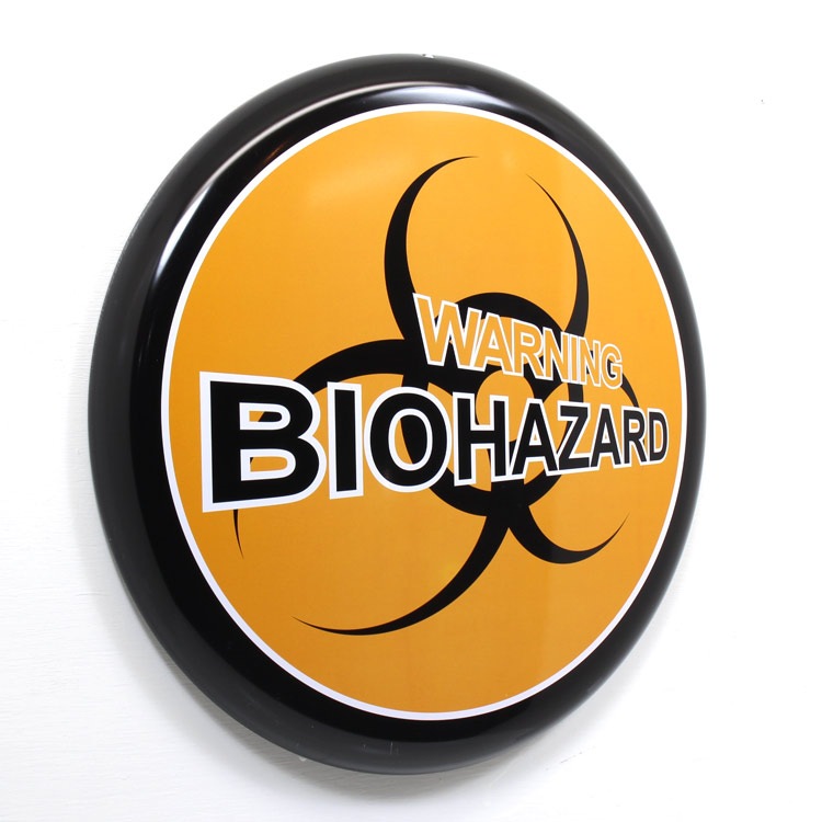 アメリカン看板 オーバルプレート WARNING BIOHAZARD 警告！バイオハザード 直径31.5cm×厚さ2.2cm ブリキ製 メタルサイン 壁面装飾 ガレージ インテリア アメリカン雑貨