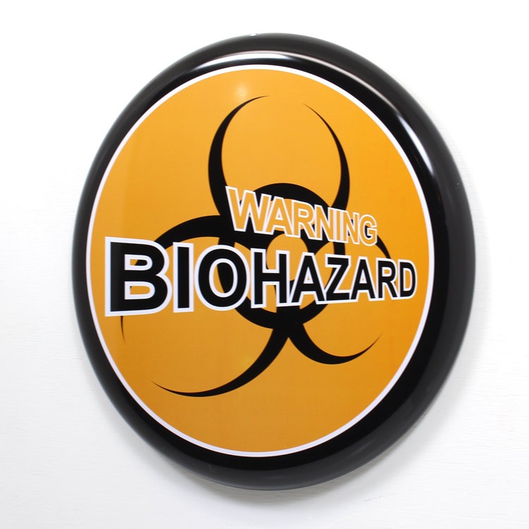 アメリカン看板 オーバルプレート WARNING BIOHAZARD 警告！バイオハザード 直径31.5cm×厚さ2.2cm ブリキ製 メタルサイン 壁面装飾 ガレージ インテリア アメリカン雑貨