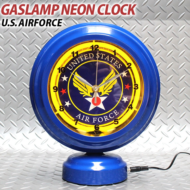 ネオン 時計 ガスランプネオンクロック U.S. AIRFORCE エアフォース H28.5×W24×D12cm ACアダプター付属 スチール製 おしゃれ アメリカン雑貨 アメリカ雑貨アメリカンレトロ漂う光と時の演出 ネオンが彩る存在感 アナログ 置き時計 コンパクト かっこいい 卓上 店舗