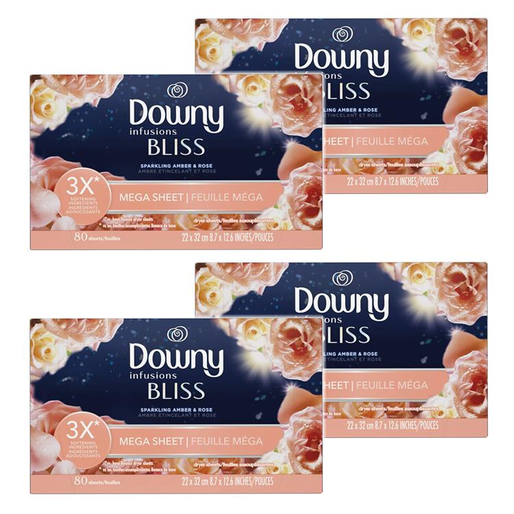 DOWNY ダウニー メガ柔軟シート インフュージョン BLISS スパークリングアンバー＆ローズ 80枚 大判サイズ 22×32cm 4個セットちょっとお得なセット販売。