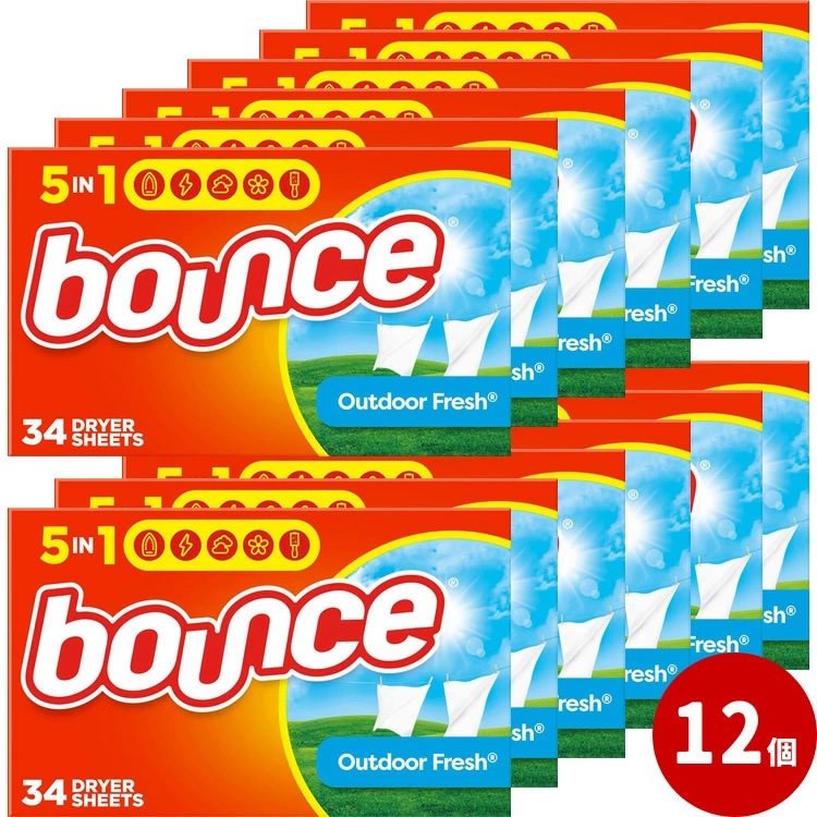 柔軟 Bounce バウンス シート柔軟剤 アウトドアフレッシュの香り 34枚入り 12個セット 乾燥機用 柔軟シート ドラム式 アメリカン雑貨 アメリカ雑貨いい香りが持続する乾燥機用柔軟シート