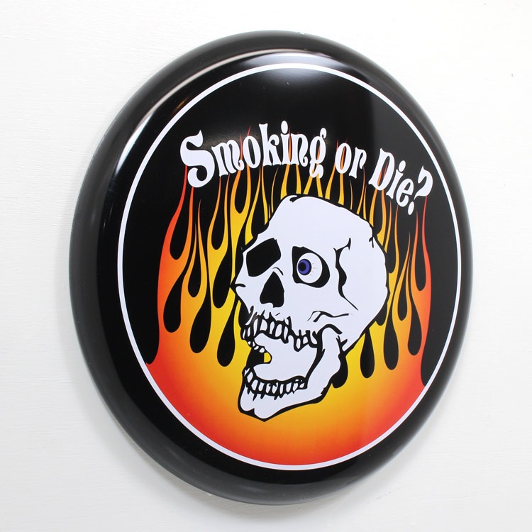 アメリカン看板 オーバルプレート Smoking or Die? 直径31.5cm×厚さ2.2cm ブリキ製 メタルサイン 壁面装飾 ガレージ インテリア アメリカン雑貨