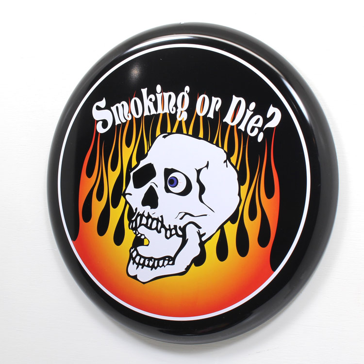 アメリカン看板 オーバルプレート Smoking or Die? 直径31.5cm×厚さ2.2cm ブリキ製 メタルサイン 壁面装飾 ガレージ インテリア アメリカン雑貨