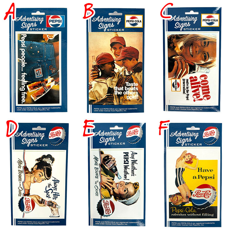 【メール便発送】PEPSI COLA ペプシ コーラ アドバタイジング サイン ステッカー 台紙サイズ 8.4×10.5cm ビニル製 アメリカン雑貨気軽にカスタムできるPEPSIのビニールステッカー。