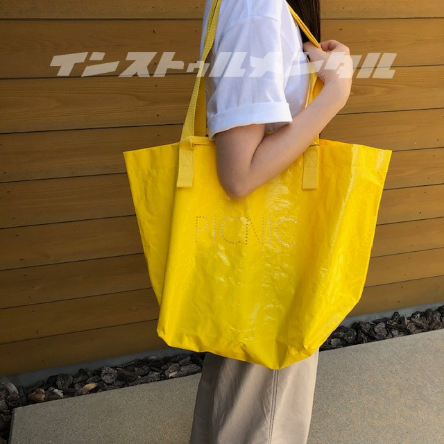 レジャーバッグ PICNIC イエロー 大きめ 買い物バッグ エコバッグ ビニール トート ショルダー アウトドア アメリカン雑貨