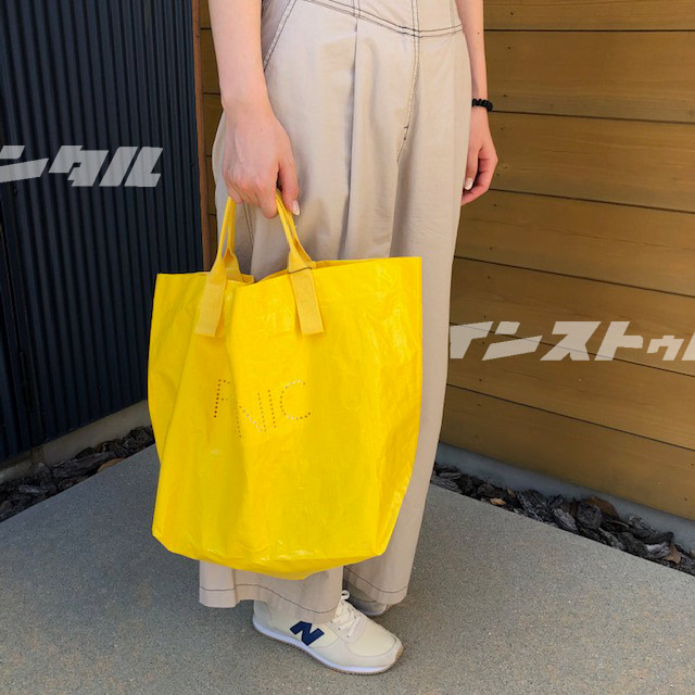 レジャーバッグ PICNIC イエロー 大きめ 買い物バッグ エコバッグ ビニール トート ショルダー アウトドア アメリカン雑貨