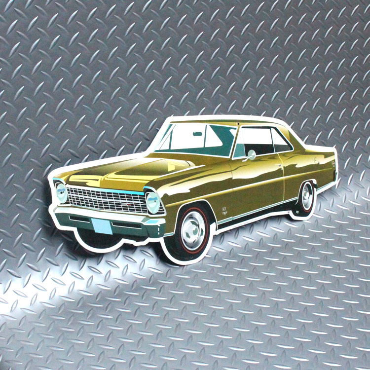 ダイカットメタルサイン Chevy NOVA SS シェビー ノヴァ SS 327 縦24×横57cm アルミ製 メタルサイン 壁面装飾 ガレージ インテリア アメリカン雑貨