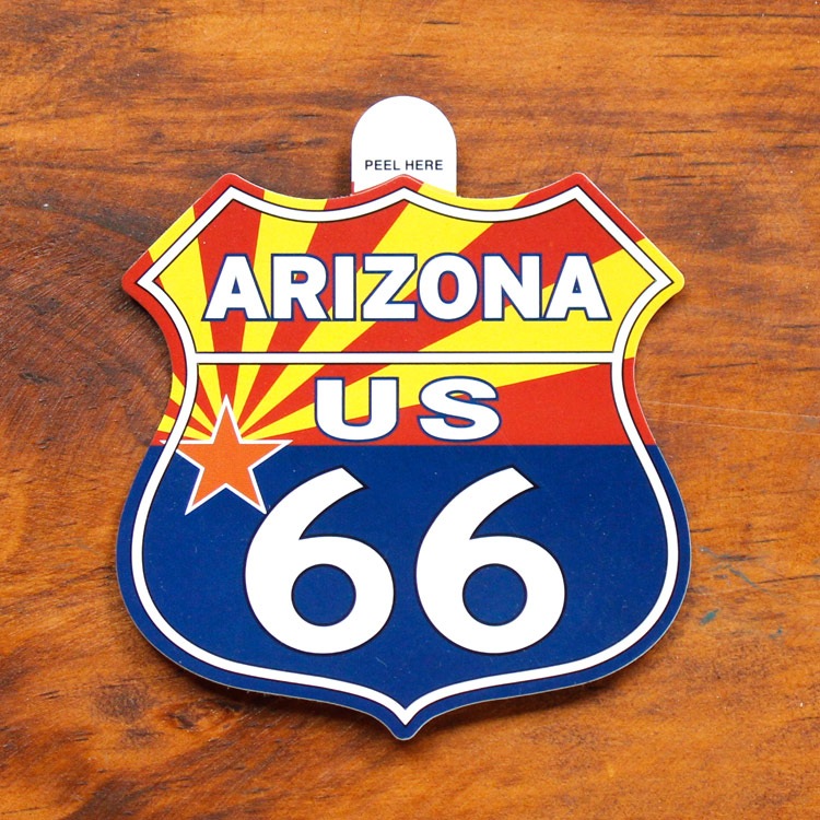 【メール便発送】ステッカー アメリカン スーツケース ルート66 シールドステッカー ARIZONA US66 アリゾナ シール 車 アメリカ雑貨 アメリカン雑貨看板型にカットされたダイカットステッカー。