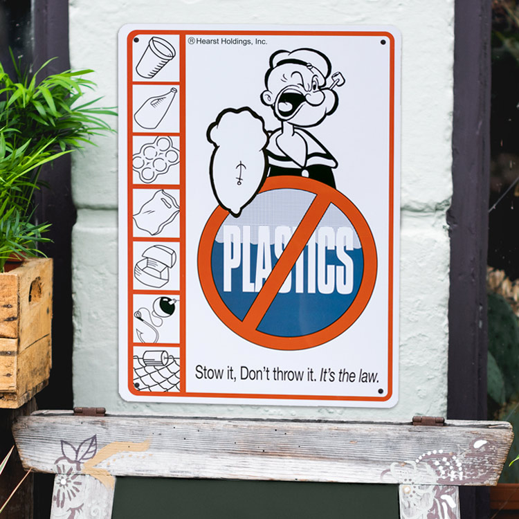 看板 プラスチックメッセージサイン ポパイ NOプラスチック 縦33.5×横25.5cm プラスチック製 Popeye キャラクター 海洋ゴミ防止 環境問題 ポイ捨て防止 リプロダクト サイン アメリカン雑貨