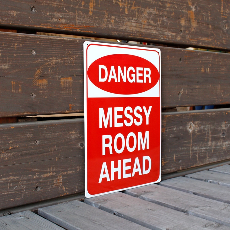 看板 ファンサイン DANGER messy room ahead 縦29.5×横21cm ブリキ製 おもしろ看板 店舗 ディスプレイ アメリカ雑貨