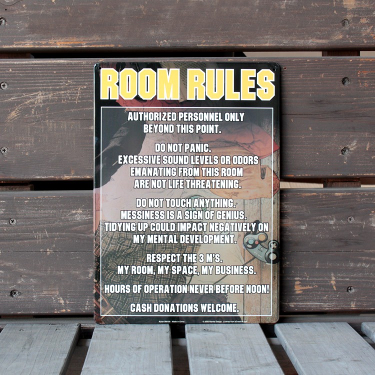 看板 ファンサイン ROOM RULES 縦29.5×横21cm ブリキ製 おもしろ看板 店舗 ディスプレイ アメリカ雑貨