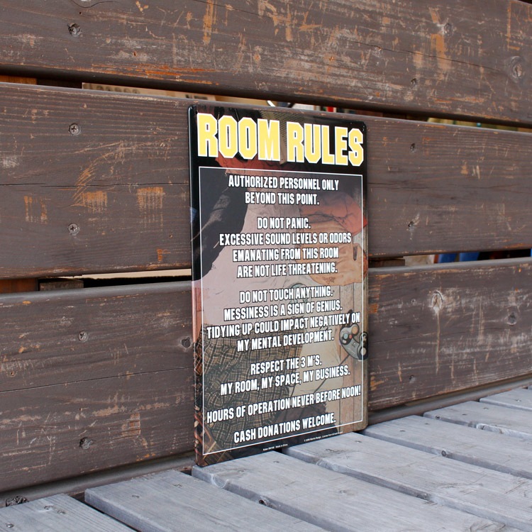 看板 ファンサイン ROOM RULES 縦29.5×横21cm ブリキ製 おもしろ看板 店舗 ディスプレイ アメリカ雑貨
