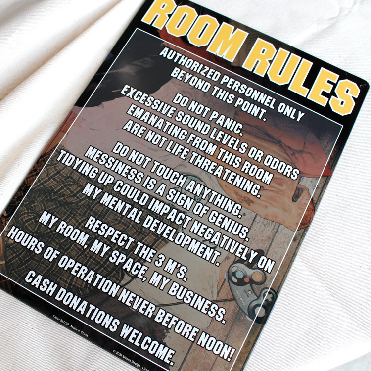 看板 ファンサイン ROOM RULES 縦29.5×横21cm ブリキ製 おもしろ看板 店舗 ディスプレイ アメリカ雑貨