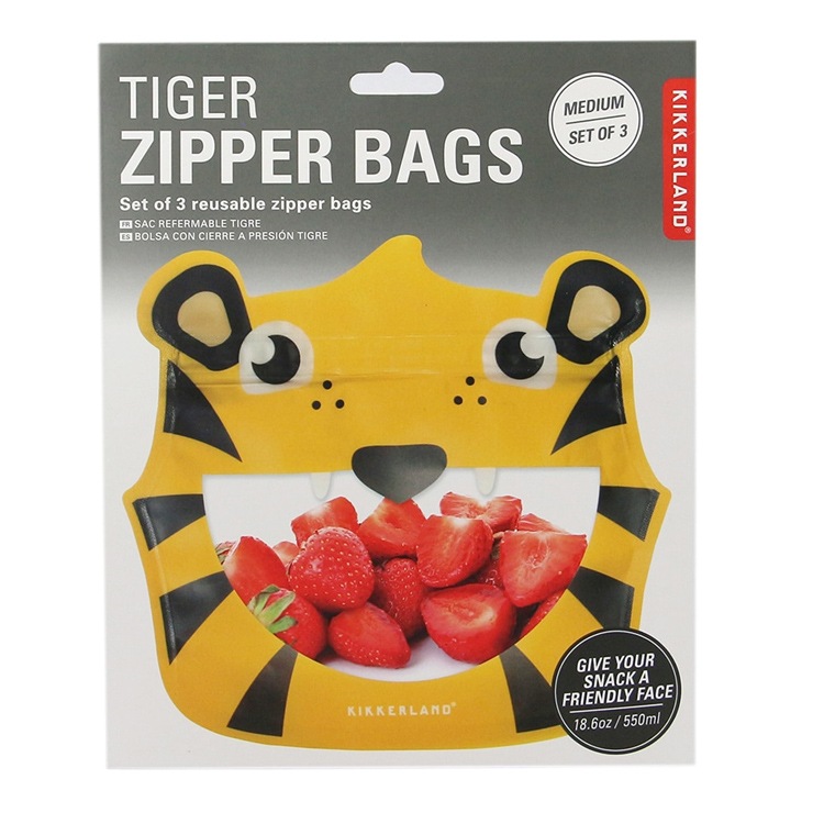 【メール便発送】ジッパー 袋 KIKKERLAND Tiger Zipper Bags キッカーランド タイガー ジッパーバッグ 3枚セット 食品 保存 収納袋 かわいい トラ キッチン アメリカ雑貨 アメリカン雑貨かわいいアニマルモチーフのジッパー付き小袋。