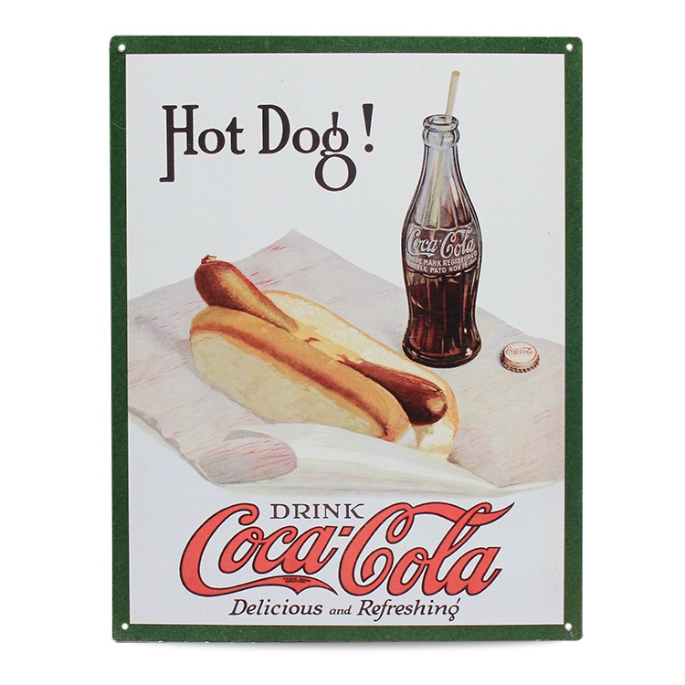 ブリキ看板　コカ・コーラとホットドックのビンテージアート ブリキ 看板 ティンプレート Coca-Cola コカコーラ Hot Dog H40.5×W31