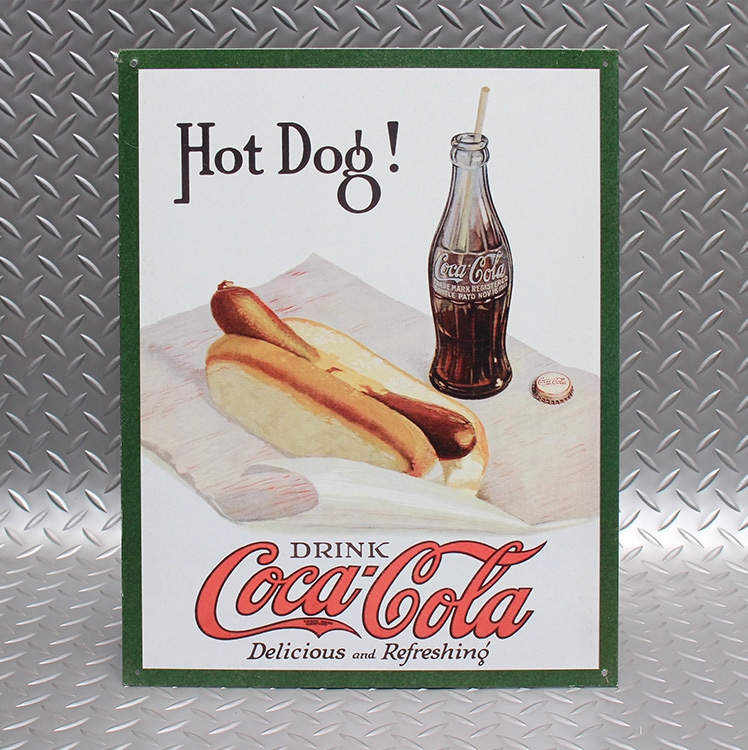 ブリキ 看板 ティンプレート Coca-Cola コカコーラ Hot Dog H40.5×W31