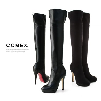 ブーツ コメックス ヒール13cm   定番 ニーハイブーツ 2WAY ラウンドトゥ 本革 日本製  厚底  プラットフォーム COMEX 7086