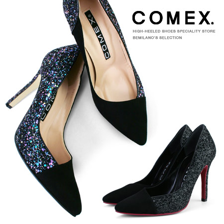 COMEX パンプス ポインテッドトゥ ハイヒール ヒール10cm ピンヒール スエード グリッターラメ 異素材コンビ パンプス コメックス (5549) パンプス  靴 【送料無料】