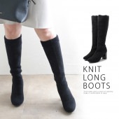 【アウトレット】【SALE】 ブーツ ロングブーツ ニットブーツ ラウンドトゥ ハイヒール 太ヒール 異素材コンビ チャンキーヒール ヒール7cm 8064