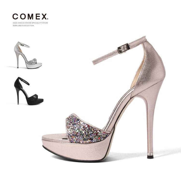 【アウトレット】【SALE】COMEX サンダル ハイヒール  ピンヒール ラメ アンクルストラップ コメックス 日本製 本革 ヒール12cm 5713