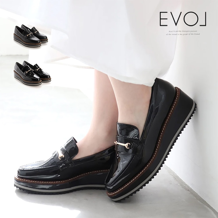 【アウトレット】【SALE】イーボル ローファー パンプス アーモンドトゥ  ヒール5cm ローヒール プラットフォーム ビット レザー エナメル EVOL 厚底 9636