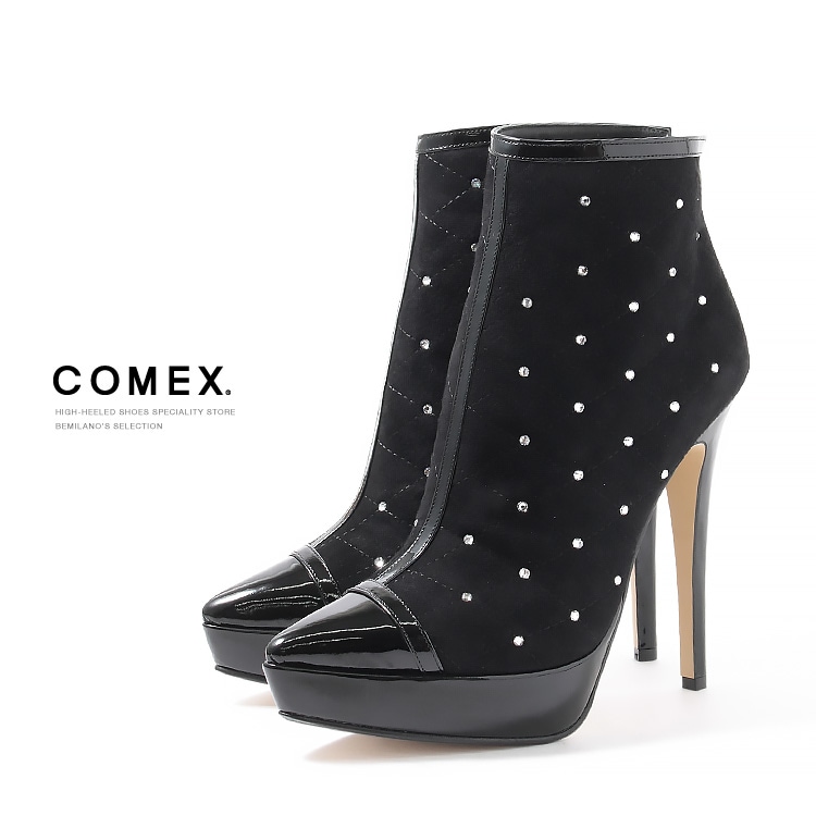 【アウトレット】【SALE】コメックス ブーツ ピンヒール  ポインテッドトゥ キルティング ラインストーン 厚底 COMEX 日本製 本革 ハイヒール ヒール13cm 5721