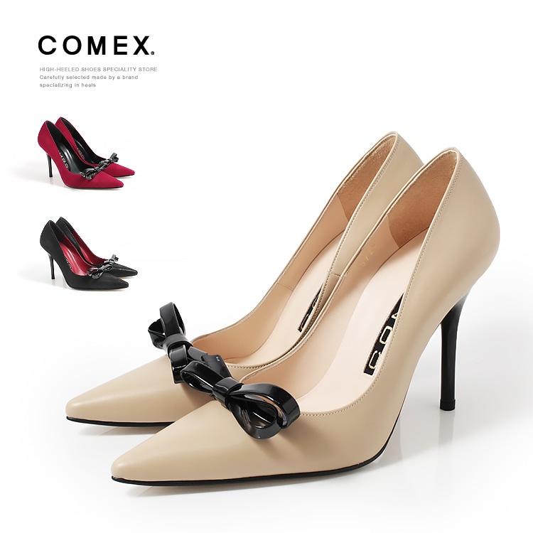 【アウトレット】【SALE】COMEX パンプス ハイヒール  ポインテッドトゥ リボン 日本製 本革 ピンヒール ヒール10cm コメックス 5725