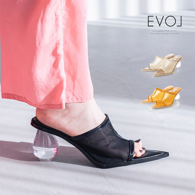 【アウトレット】【SALE】 イーボル ミュール サンダル クリアヒール チュール  ハイヒール オープントゥ EVOL ヒール8cm  23530