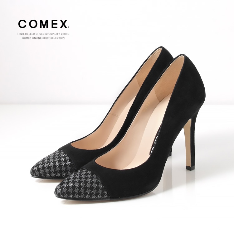 COMEX パンプス  ハイヒール ヒール10cm  アーモンドトゥ ピンヒール ラメ ブラック スエード 5716