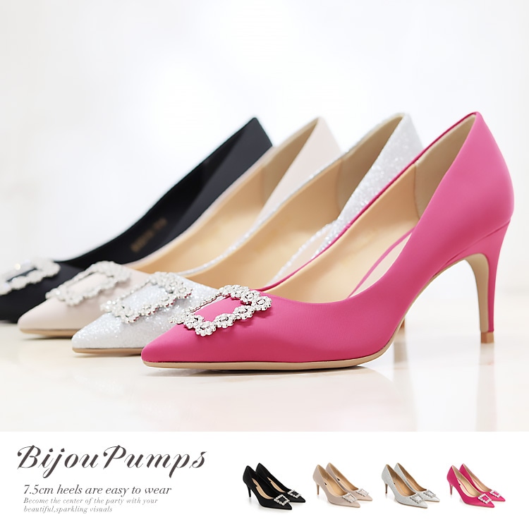 【アウトレット】【SALE】ビジューパンプス ハイヒール 8cmヒール  ポインテッドトゥ ピンヒール バックル EVOL 23799