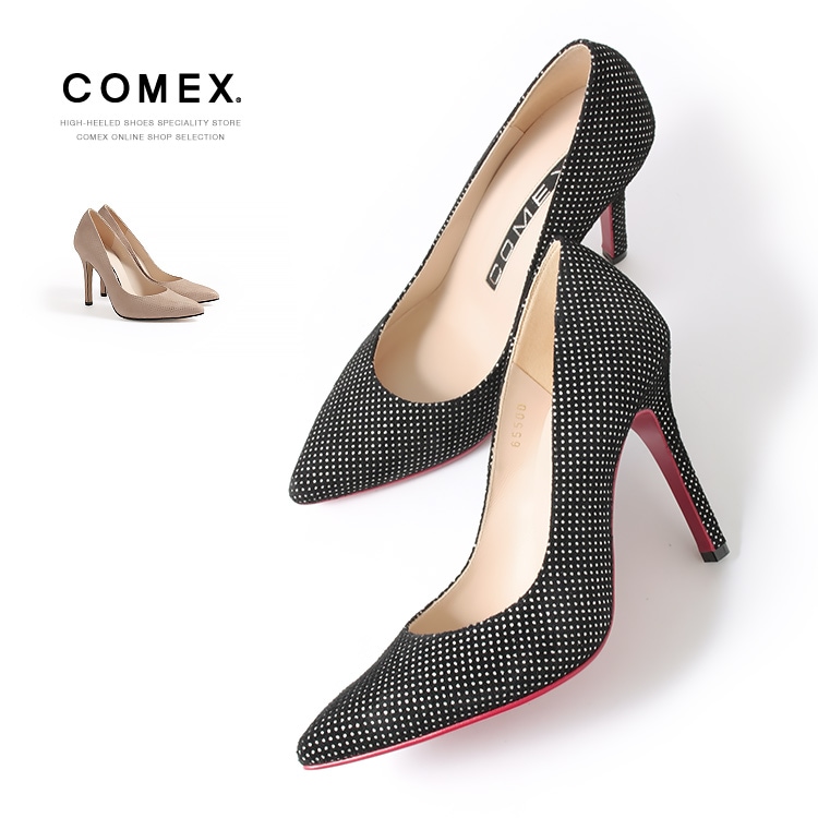 【アウトレット】【SALE】コメックス パンプス  日本製 本革 ピンヒール 10cmヒール ハイヒール アーモンドトゥ ドット COMEX 65500