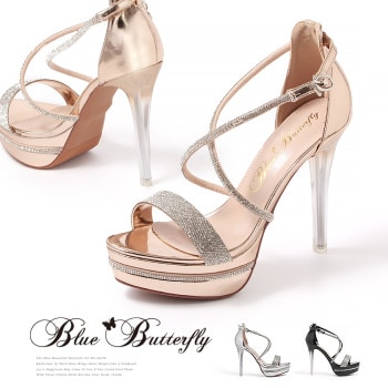 サンダル ハイヒール 厚底 ピンヒール ヒール12cm  メタリック ラインストーン ストラップ パンプス 6689