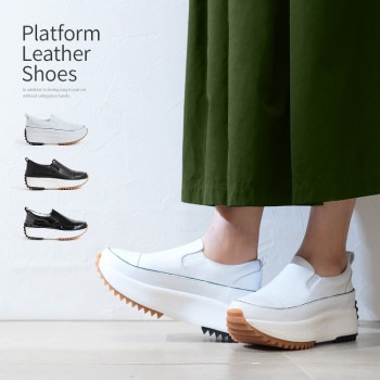 レザー スリッポン 本革  軽量 厚底 ローヒール フラット プラットフォーム スニーカー 508107