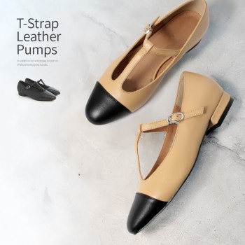 【SALE】 Tストラップ フラットシューズ パンプス 本革 スクエアトゥ ヒール２cm ローヒール バイカラー 2231