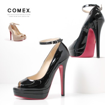 COMEX オープントゥ パンプス ハイヒール アンクルストラップ 本革 厚底 日本製 ヒール14cm コメックス 5738