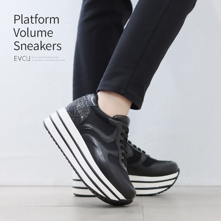 厚底 スニーカー 2025新作 6cmヒール レースアップ  ラメ フラット ゴムひも 紐靴 EVOL 5504