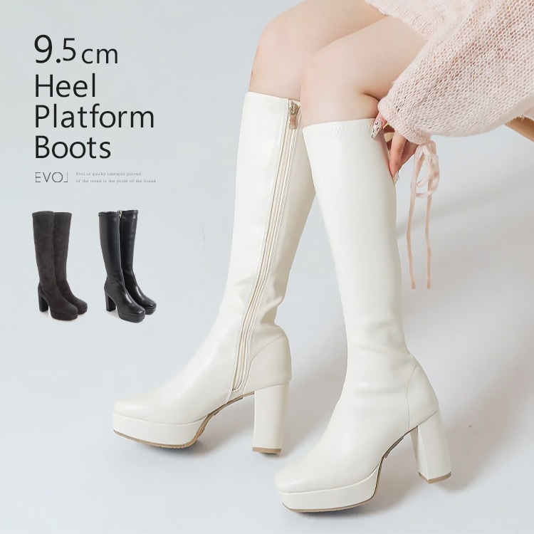 ロングブーツ 厚底ブーツ スクエアトゥ ハイヒール ヒール9cm チャンキーヒール ブラック アイボリー 5817